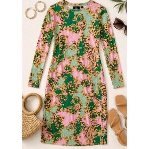 Baroque Scarf Print Midi Dress Women Small Pink Green Stretch Bodycon Italian Gl